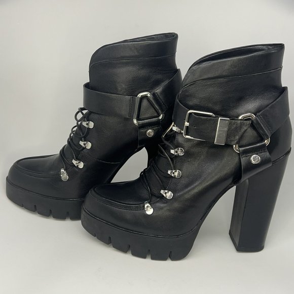 Zara Black Leather Platform Lug Sole Harness Lace Up Ankle Boots EU 39 (US M) - Picture 5 of 10